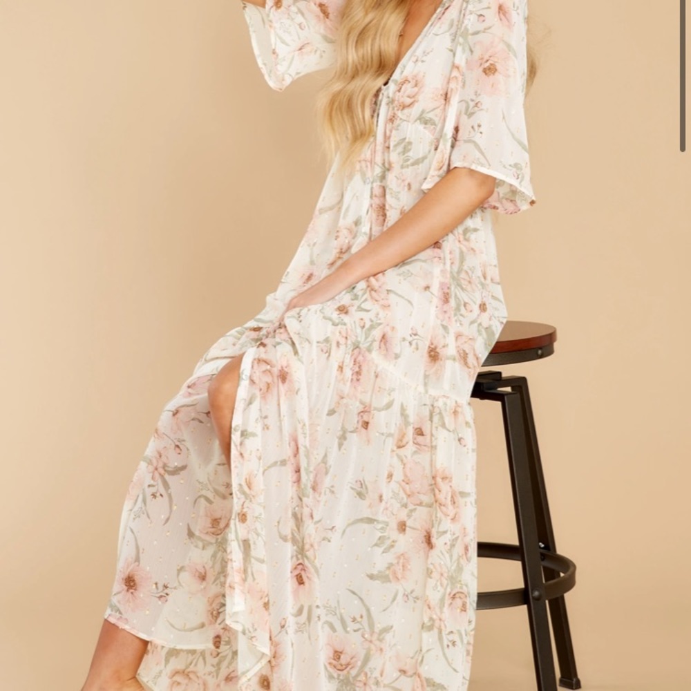 Red dress pink and green floral maxi dress with flutter sleeve